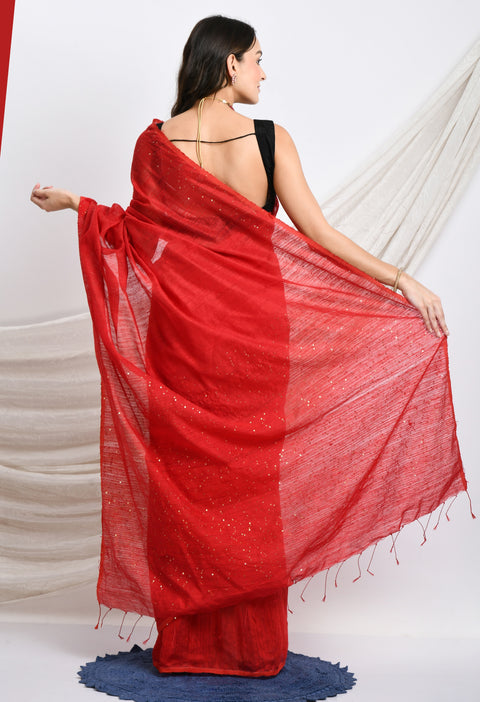 Red Matka Silk Saree with Sequins work - Swapna Creation