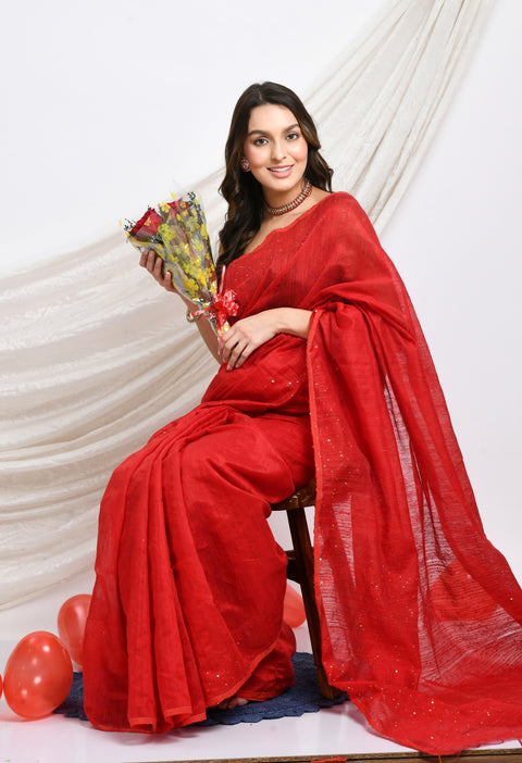 Red Matka Silk Saree with Sequins work - Swapna Creation