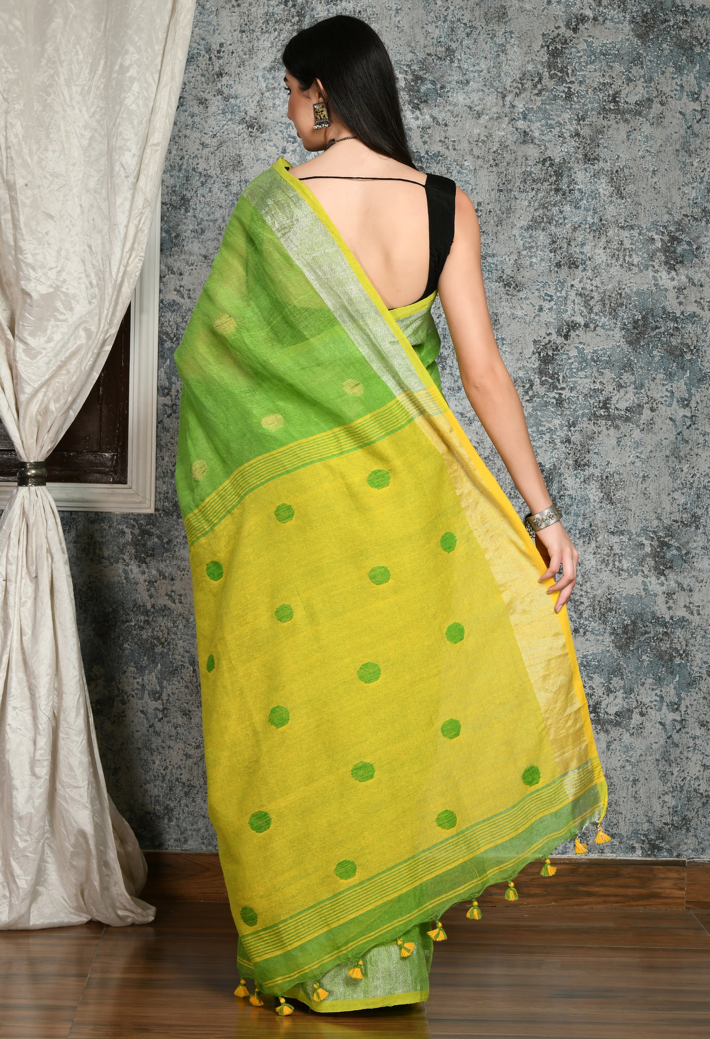 Parrot Green with lemon yellow Pallu Linen Jamdani Buti Saree - Swapna Creation