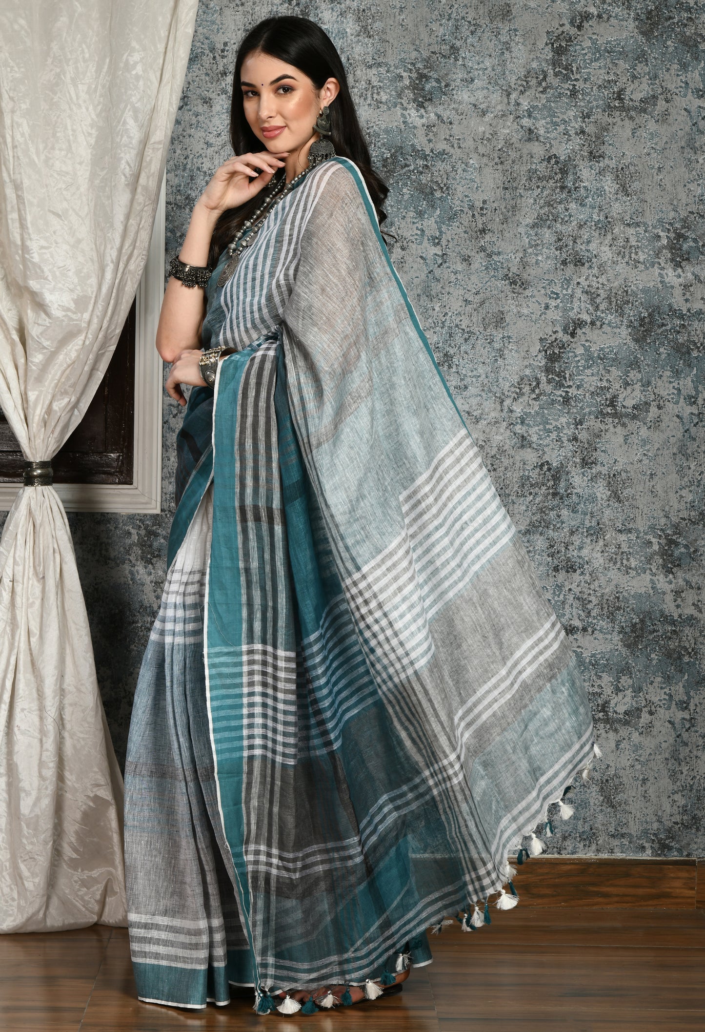 Teal Blue Gradation checks and stripes Handwoven Linen Saree - Swapna Creation
