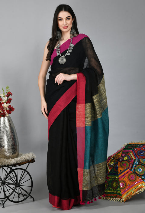 Black Linen Saree with Ganga Jamuna border and Ghicha Pallu - Swapna Creation