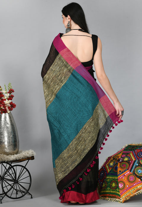 Black Linen Saree with Ganga Jamuna border and Ghicha Pallu - Swapna Creation