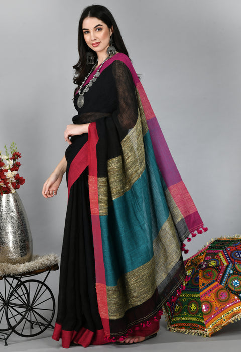 Black Linen Saree with Ganga Jamuna border and Ghicha Pallu - Swapna Creation