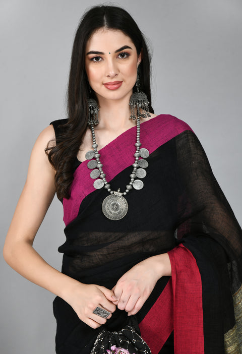 Black Linen Saree with Ganga Jamuna border and Ghicha Pallu - Swapna Creation