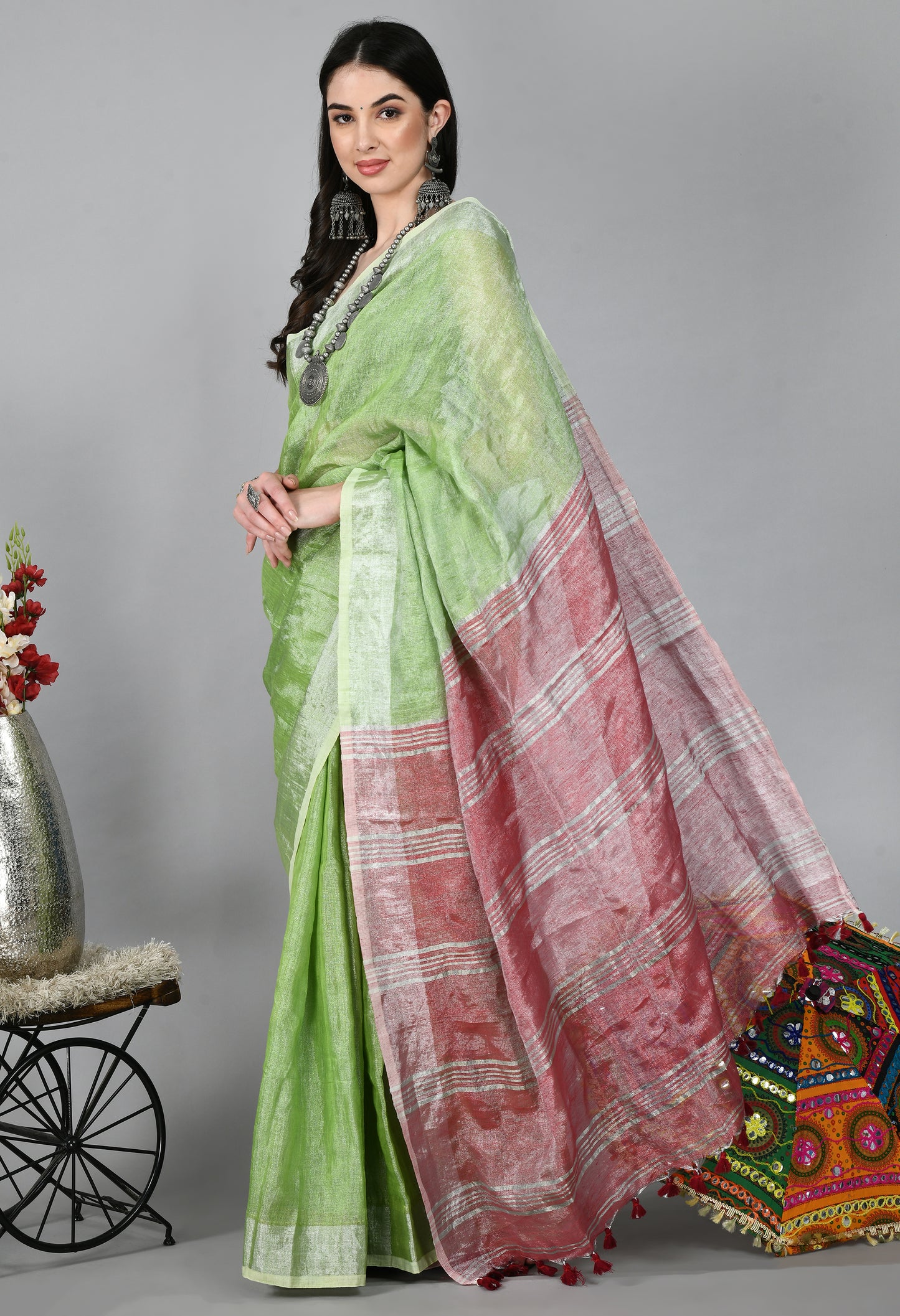 Light Green Handwoven Tissue Linen Saree with Silver zari border and contrast pallu - Swapna Creation