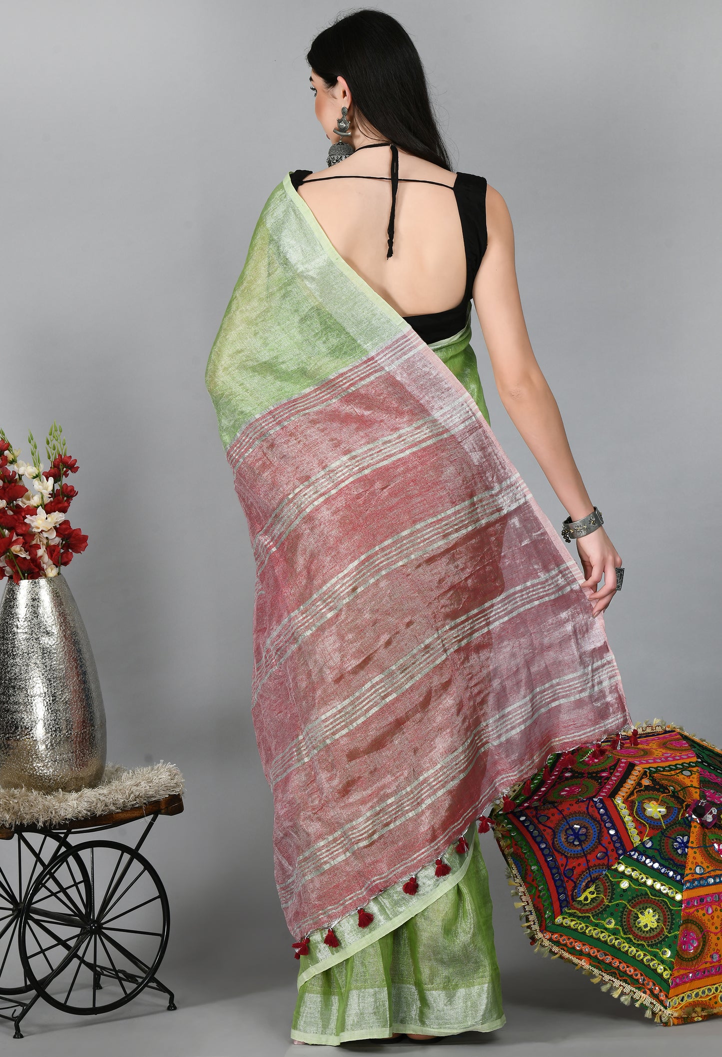 Light Green Handwoven Tissue Linen Saree with Silver zari border and contrast pallu - Swapna Creation