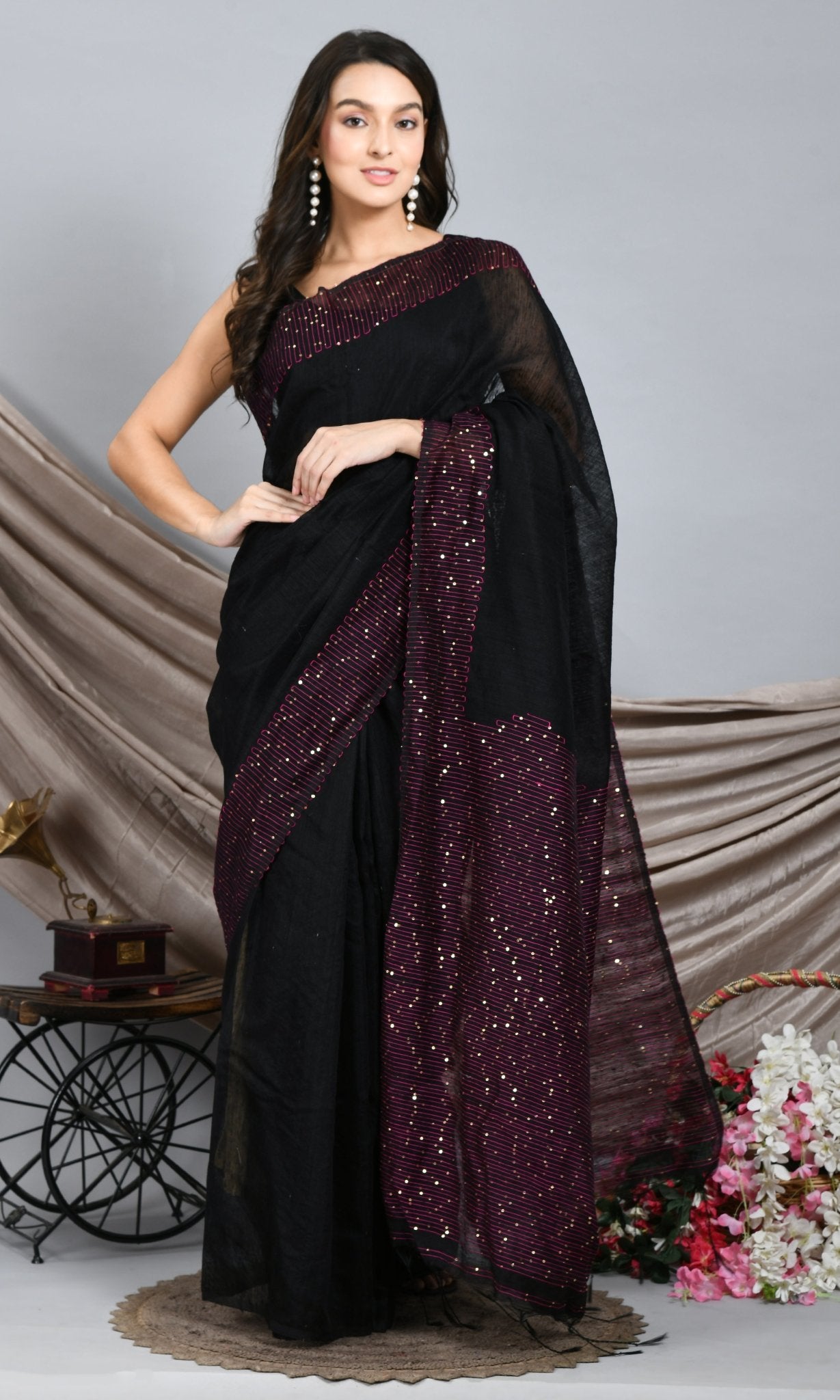 Black Matka Silk Saree with Sequins work - Swapna Creation