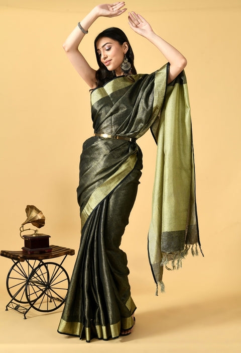 Black Tissue linen Saree With Golden Zari Border - Swapna Creation