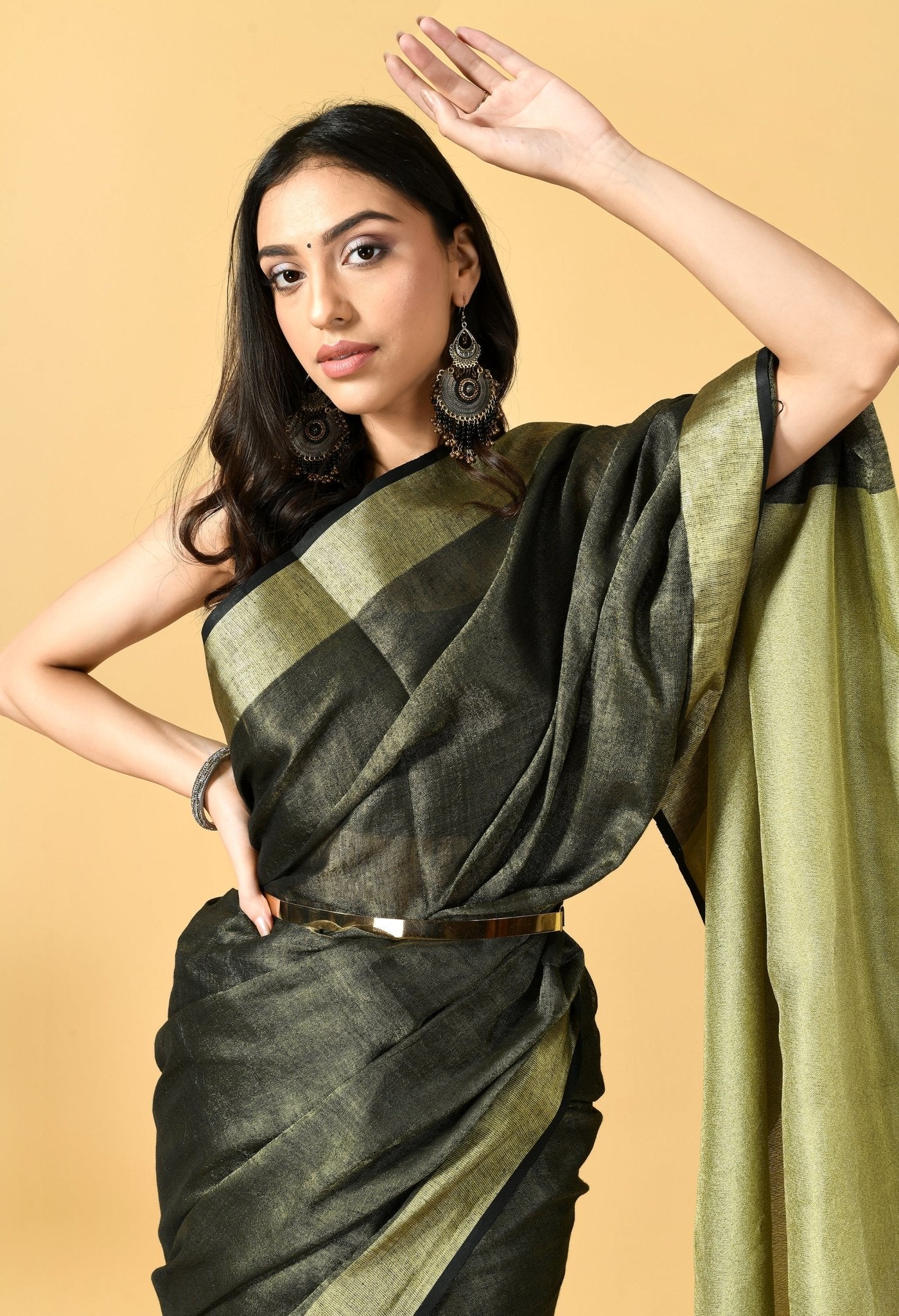 Black Tissue linen Saree With Golden Zari Border - Swapna Creation