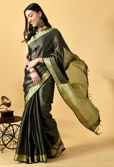Black Tissue linen Saree With Golden Zari Border - Swapna Creation