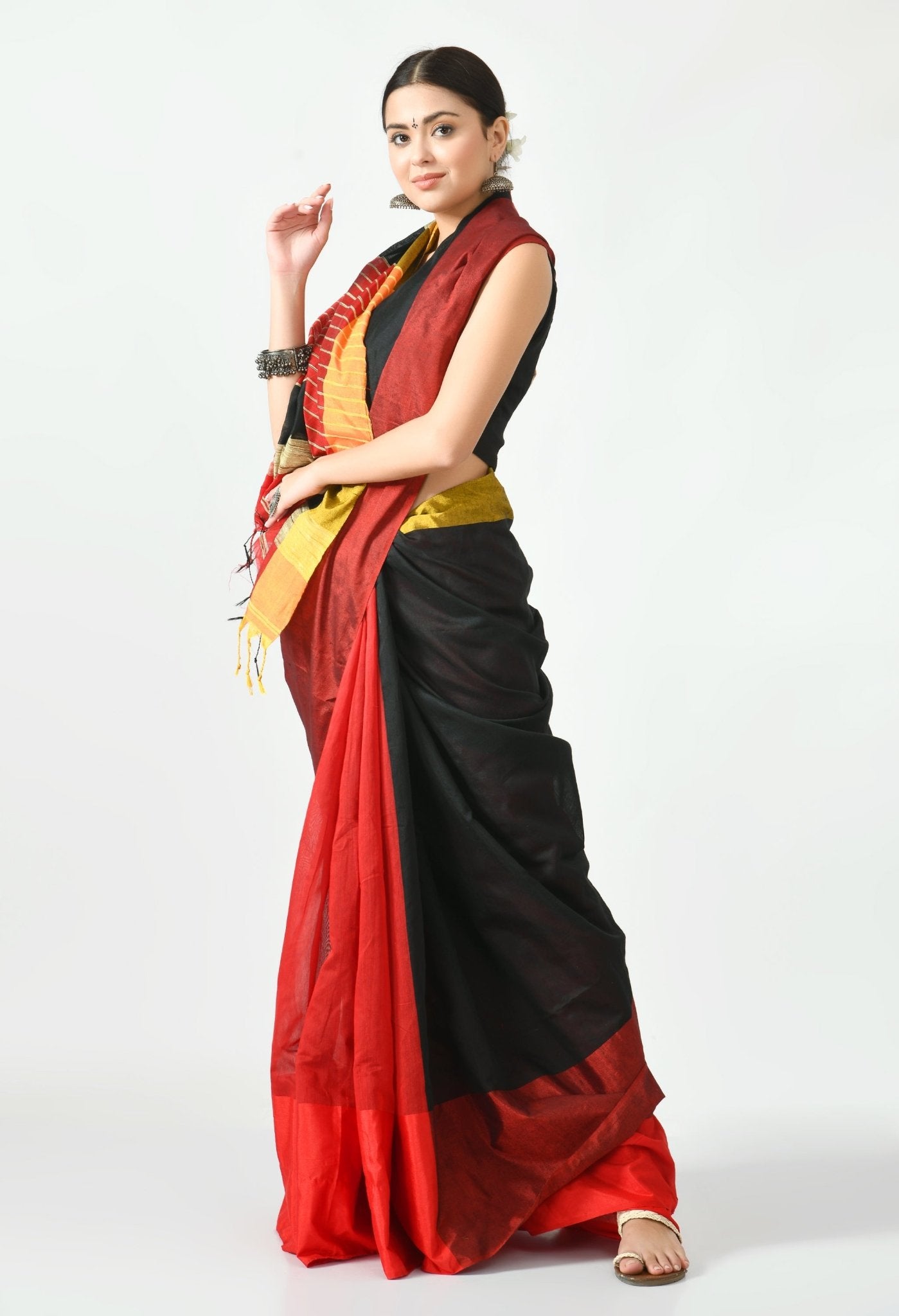 Black with Red Half and Half Mahapaar Saree - Swapna Creation