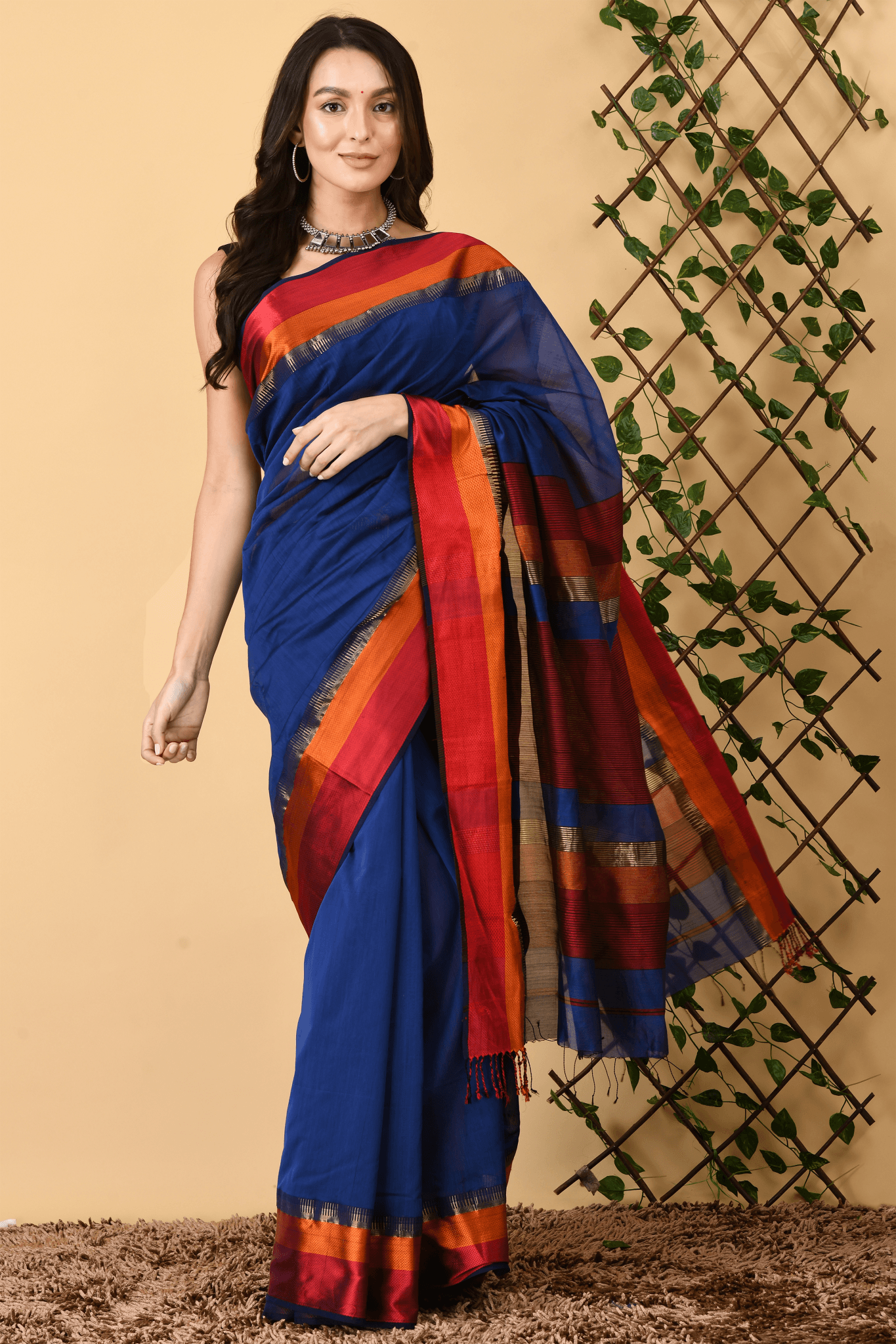 Blue Pure Silk Cotton Handwoven Maheshwari Saree - Swapna Creation