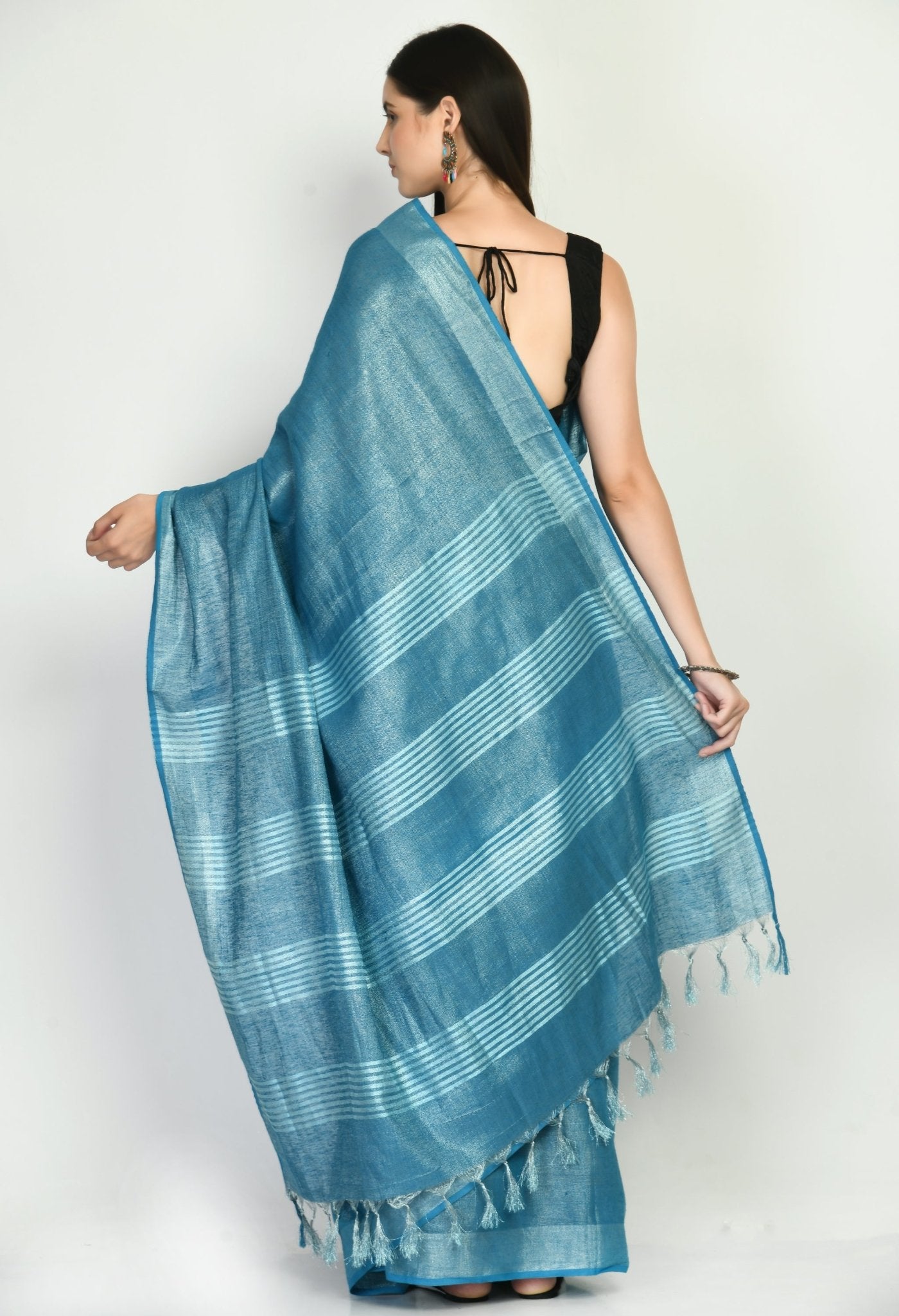 Blue Tissue linen Saree With Silver Zari Border - Swapna Creation