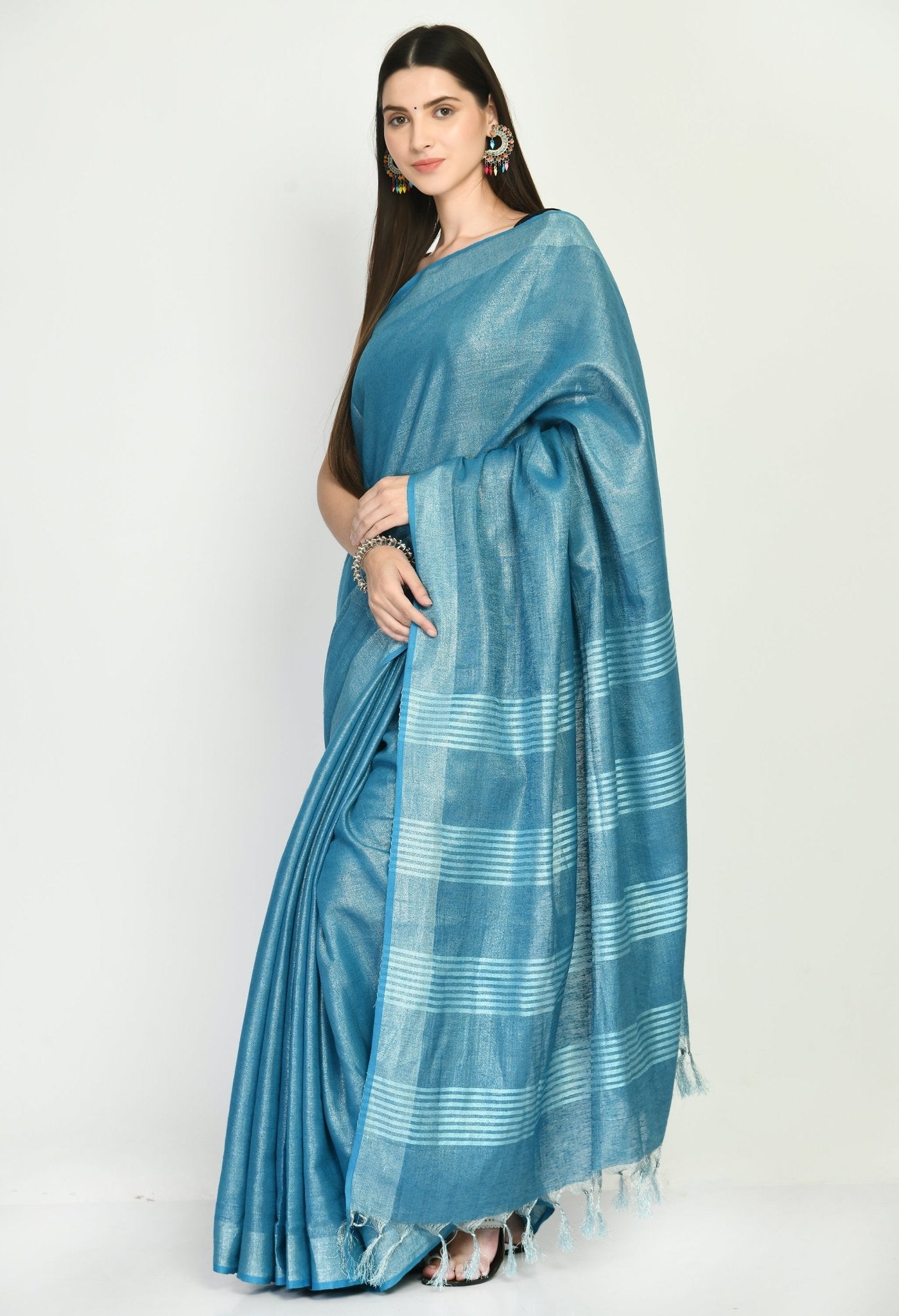 Blue Tissue linen Saree With Silver Zari Border - Swapna Creation