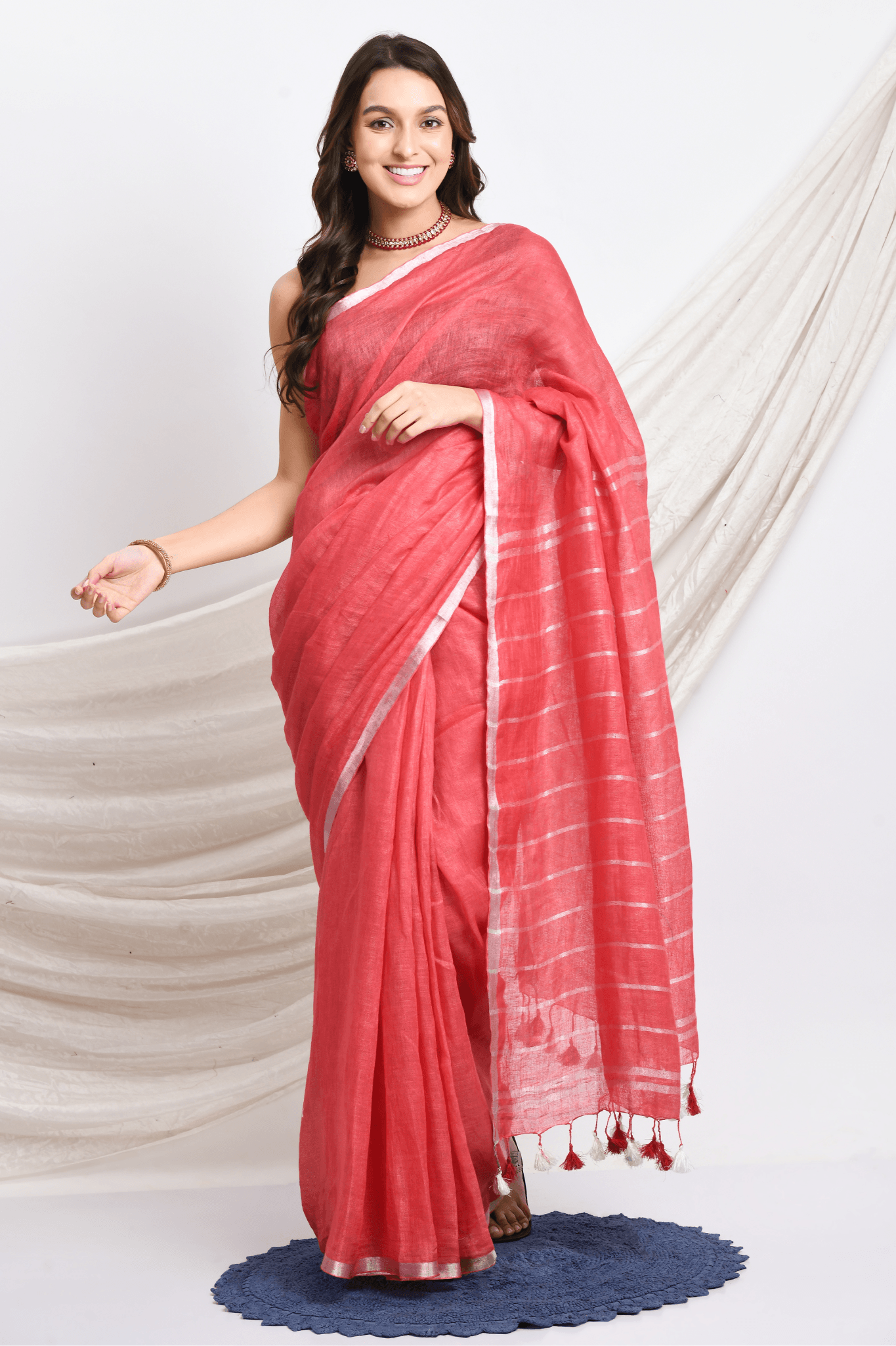 Blush Pink Handwoven Linen Saree with silver handspun zari border and stripes on Pallu - Swapna Creation
