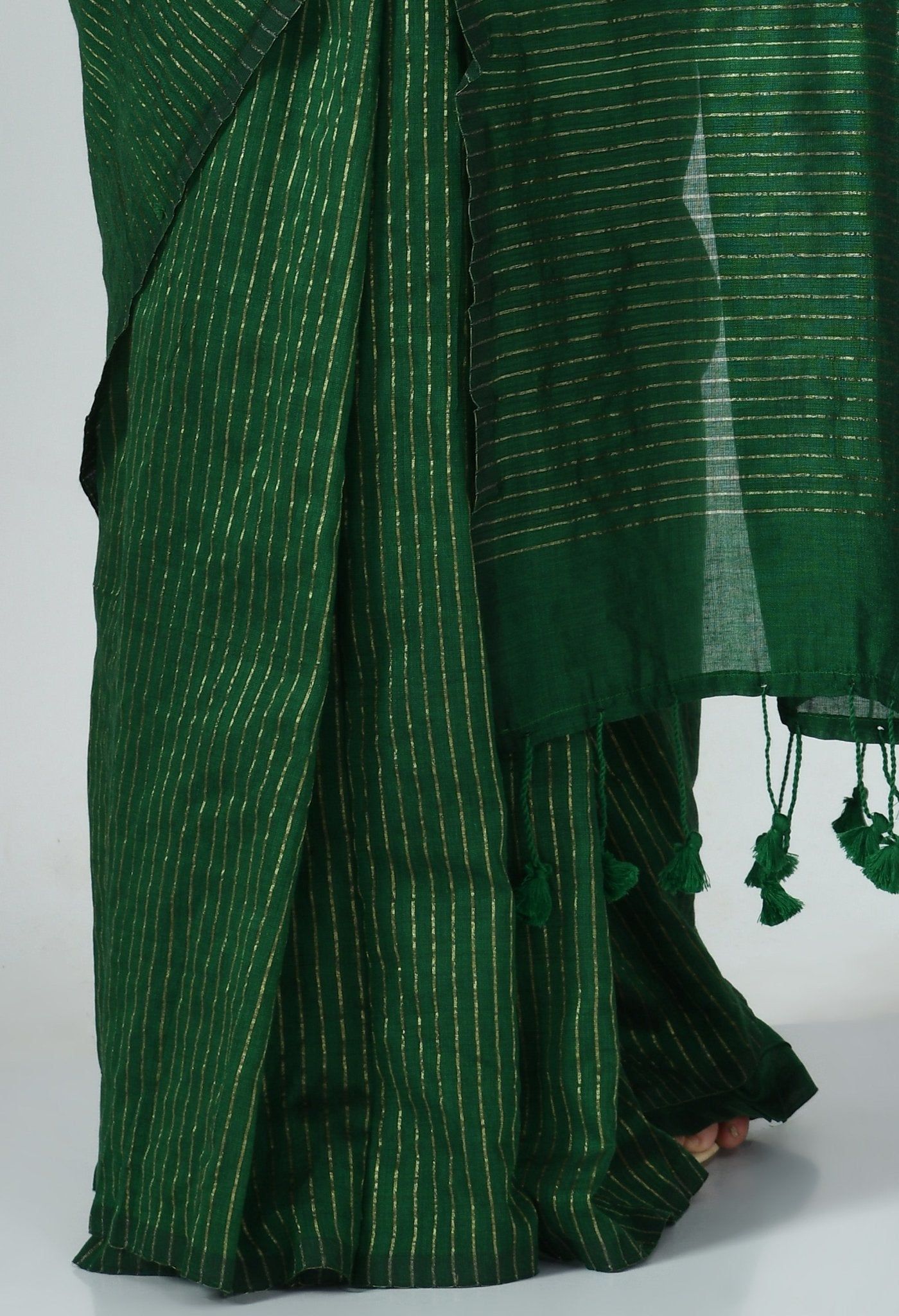 Dark Green Bengal Cotton with Lurex stripes saree - Swapna Creation
