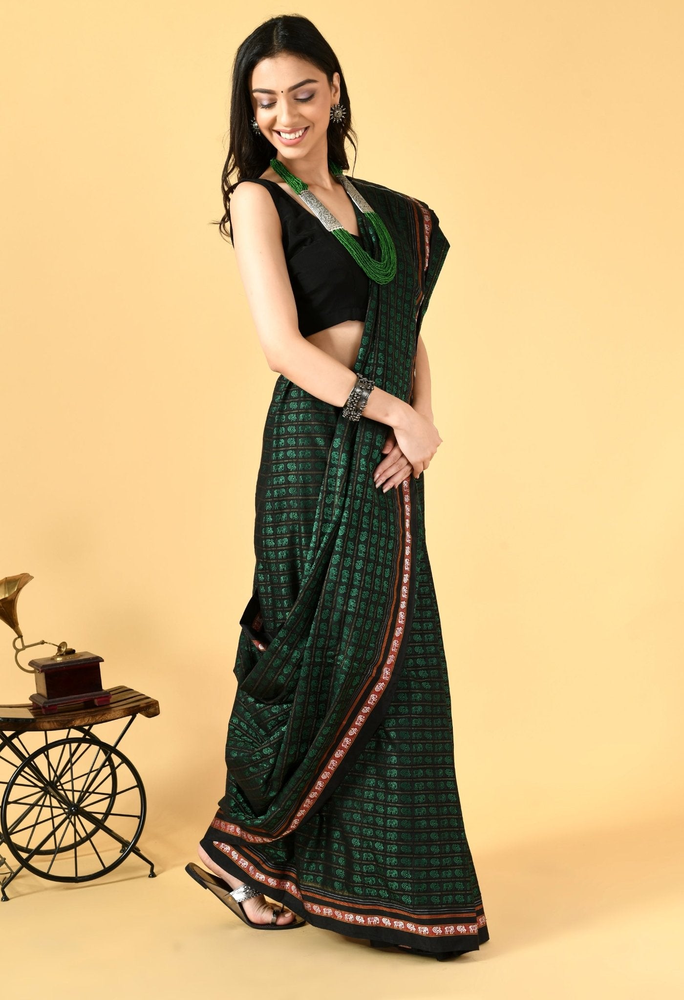 Dark Green Haathi-Mor weave Khunn Saree - Swapna Creation