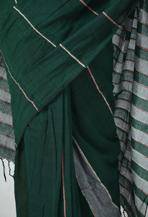 Green-Grey Khesh Saree with Stripes - Swapna Creation