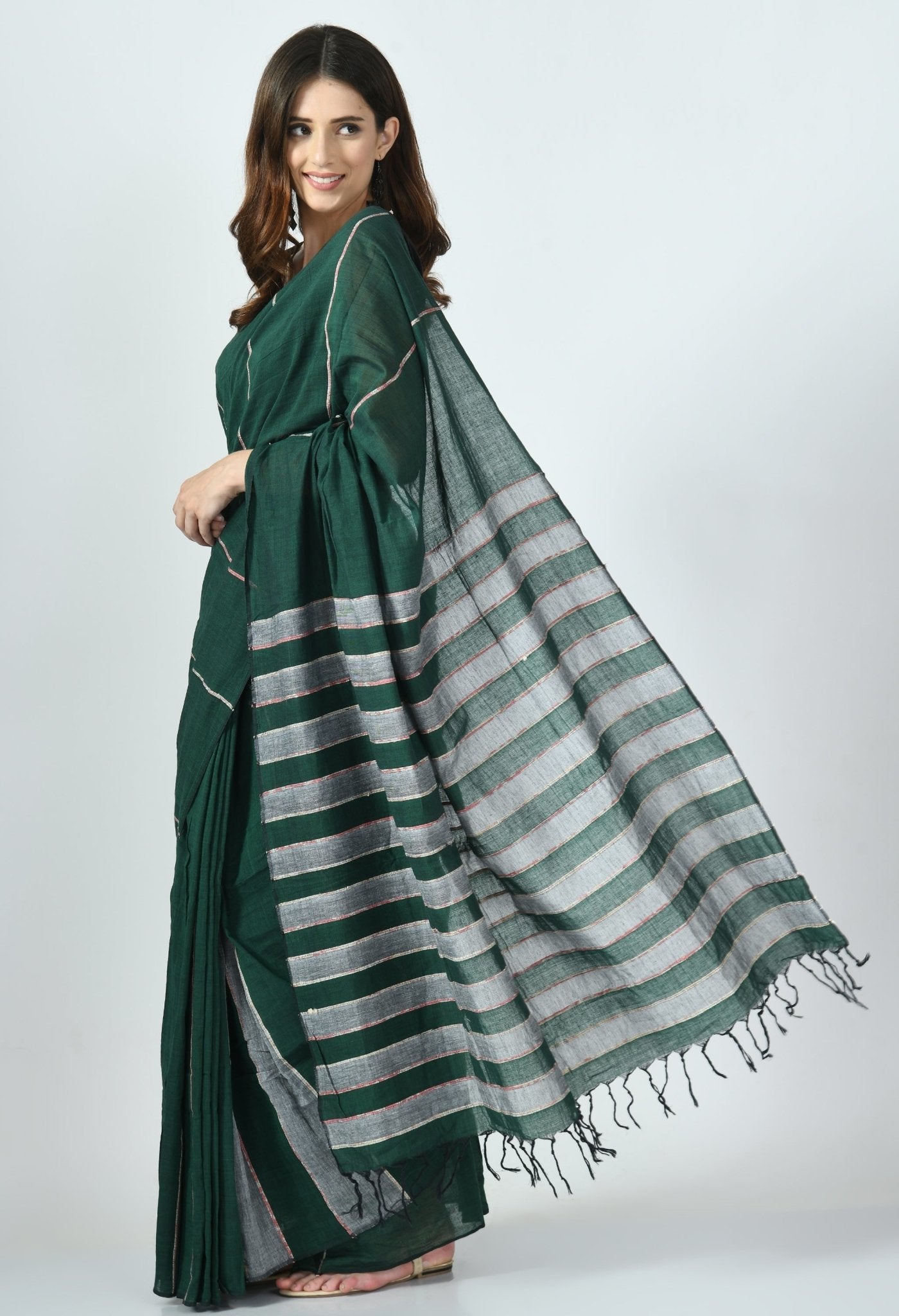Green-Grey Khesh Saree with Stripes - Swapna Creation