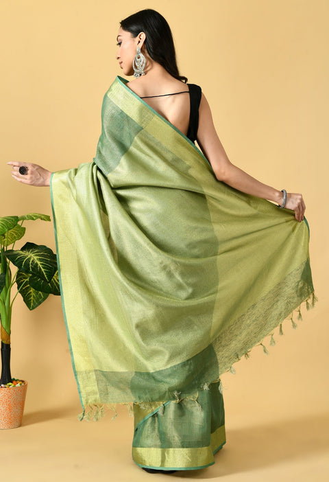 Green Tissue linen Saree With Golden Zari Border - Swapna Creation