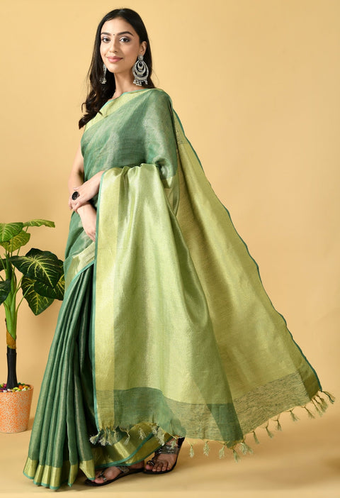 Green Tissue linen Saree With Golden Zari Border - Swapna Creation