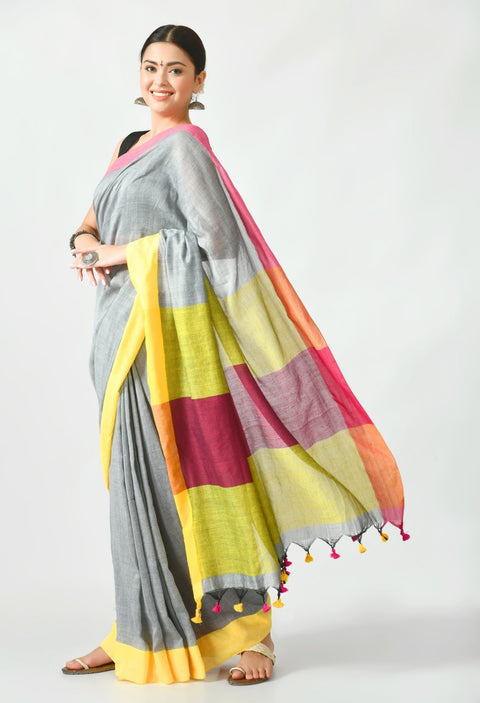 Grey Bengal Mal Cotton with Contrast pallu and Border Saree - Swapna Creation