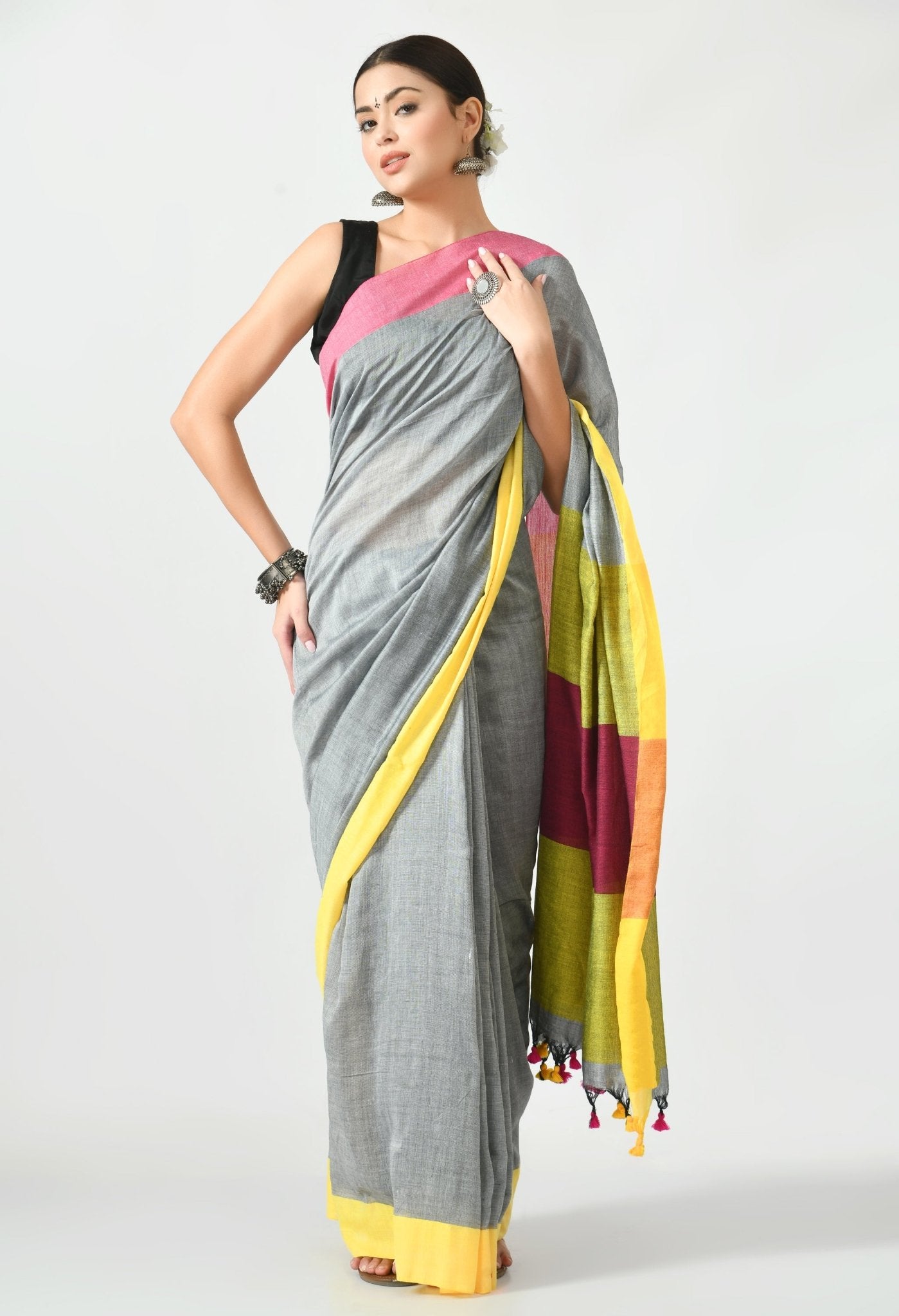 Grey Bengal Mal Cotton with Contrast pallu and Border Saree - Swapna Creation
