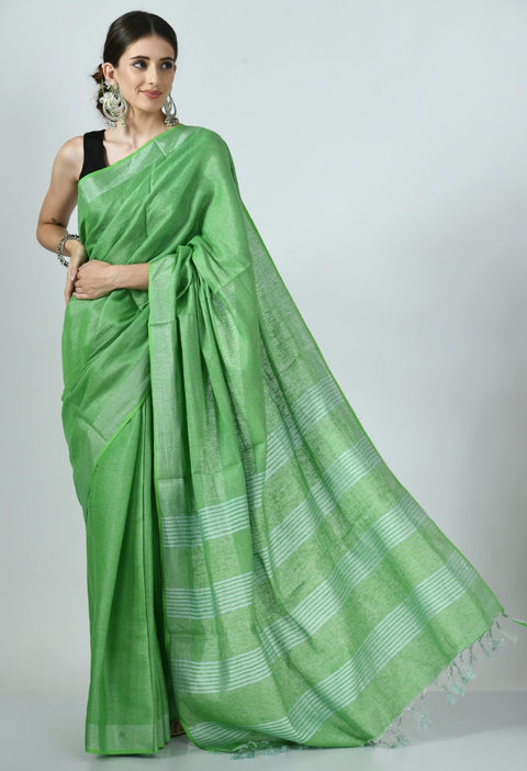 Light Green Tissue linen Saree With Silver Zari Border - Swapna Creation