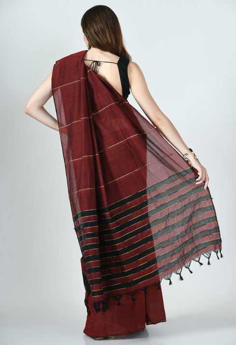 Maroon-Black Khesh Saree with Stripes - Swapna Creation