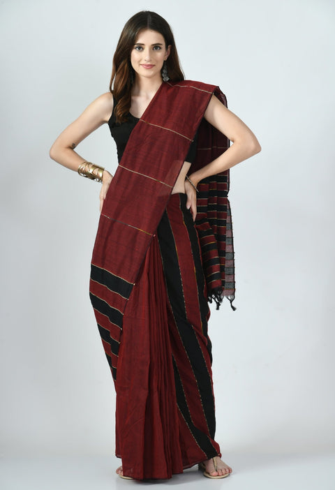 Maroon-Black Khesh Saree with Stripes - Swapna Creation