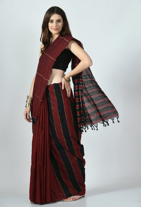 Maroon-Black Khesh Saree with Stripes - Swapna Creation