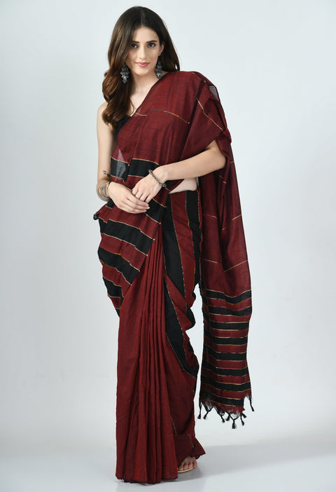 Maroon-Black Khesh Saree with Stripes - Swapna Creation