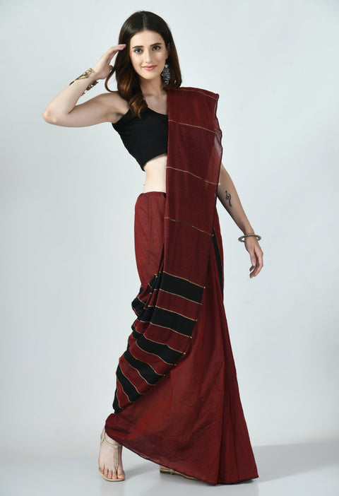 Maroon-Black Khesh Saree with Stripes - Swapna Creation