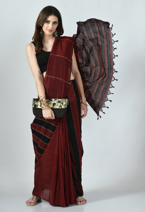 Maroon-Black Khesh Saree with Stripes - Swapna Creation