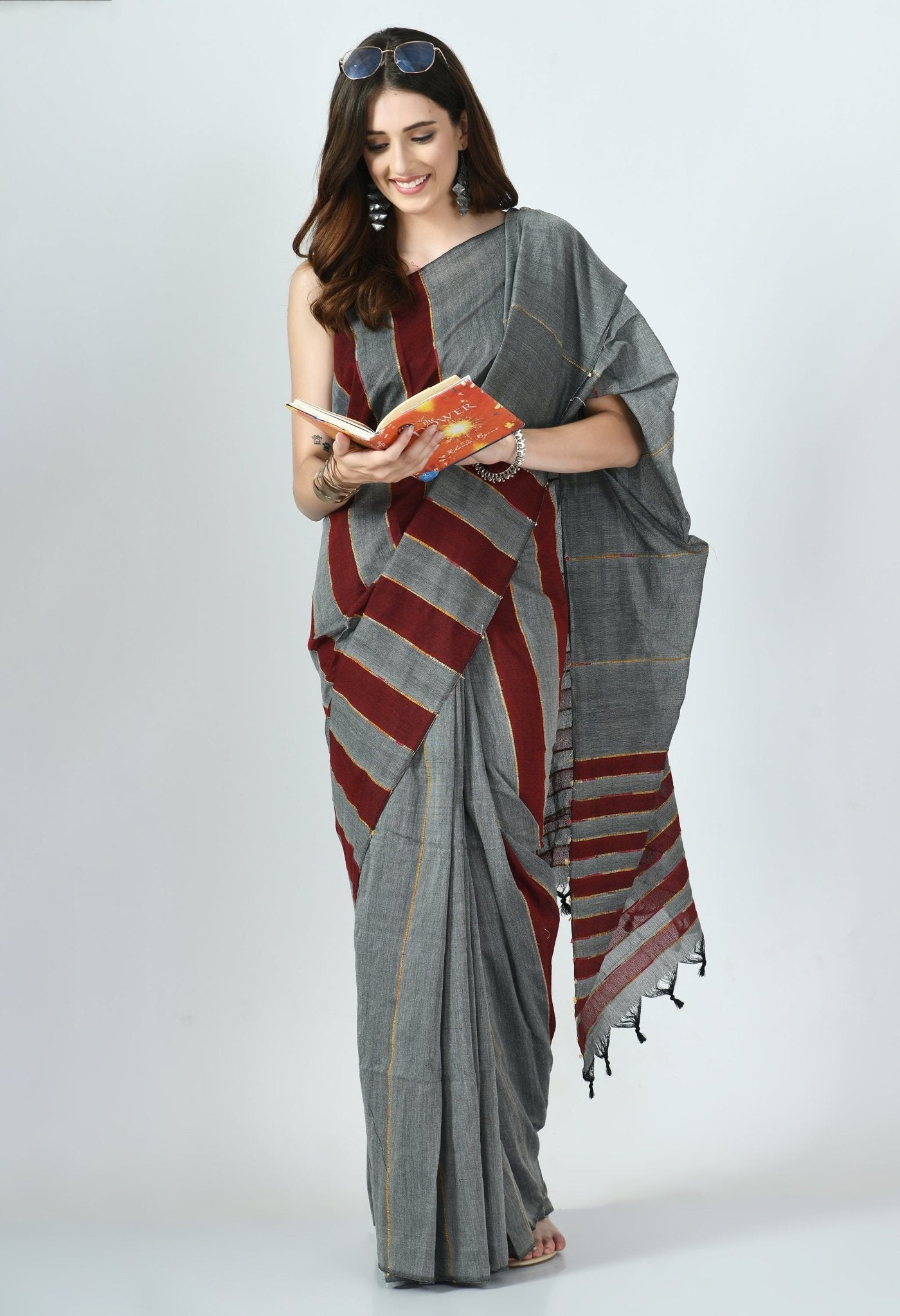 Khadi Khesh Cotton Saree With Maroon and Grey Stripe - Byhand I Indian  Ethnic Wear Online I Sustainable Fashion I Handmade Clothes