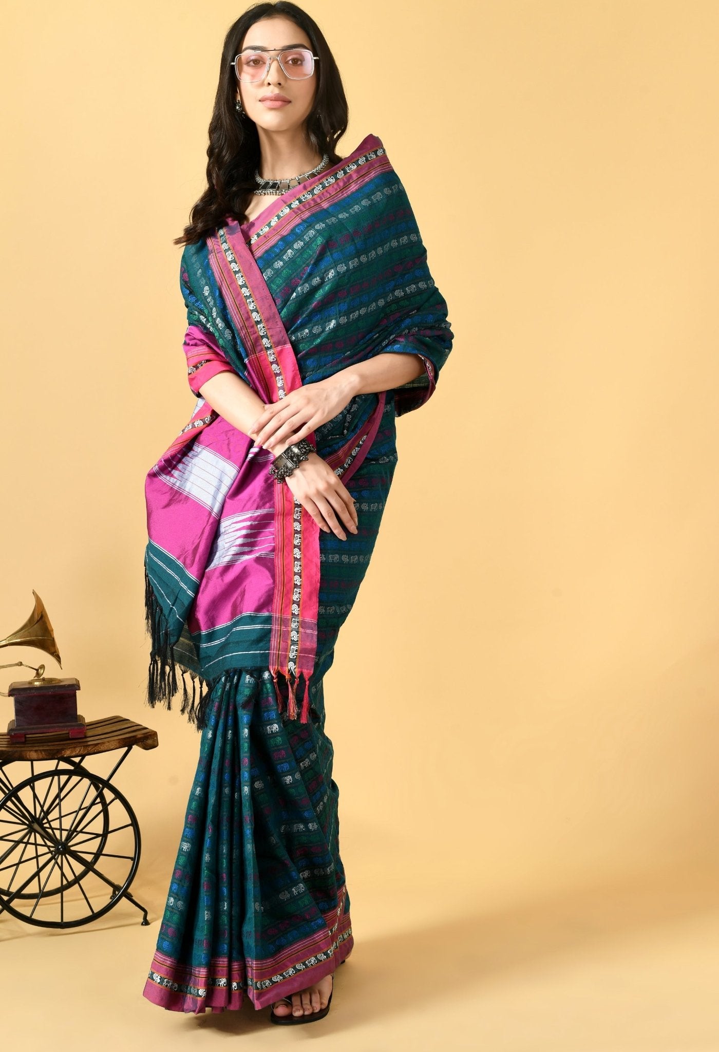 Multi-Color Haathi-Mor weave Khunn Saree - Swapna Creation