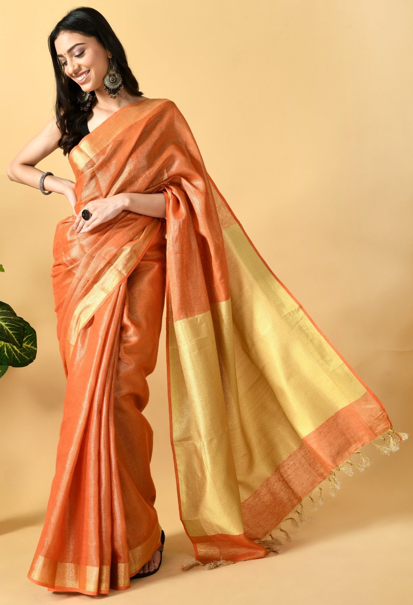Orange Tissue linen Saree With Golden Zari Border - Swapna Creation