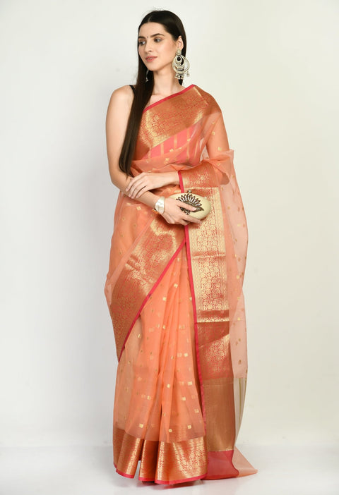Peach Kora Banarasi Saree with small Buttis all over - Swapna Creation