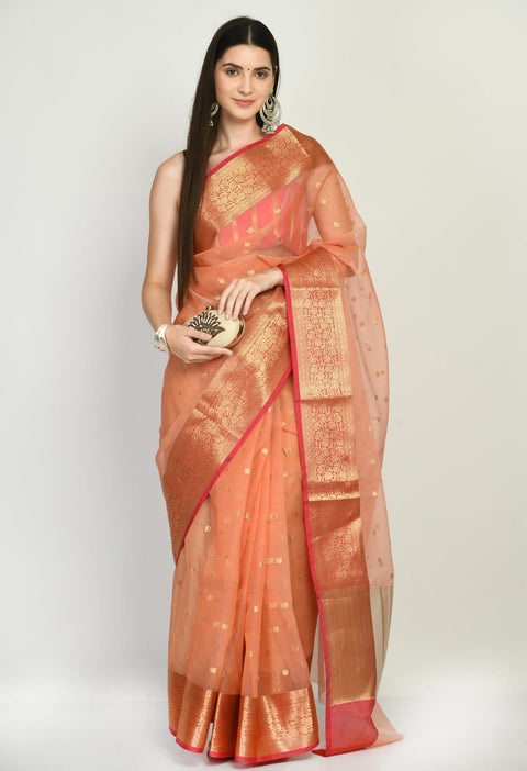 Peach Kora Banarasi Saree with small Buttis all over - Swapna Creation