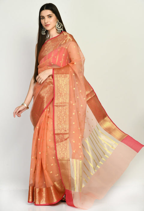 Peach Kora Banarasi Saree with small Buttis all over - Swapna Creation