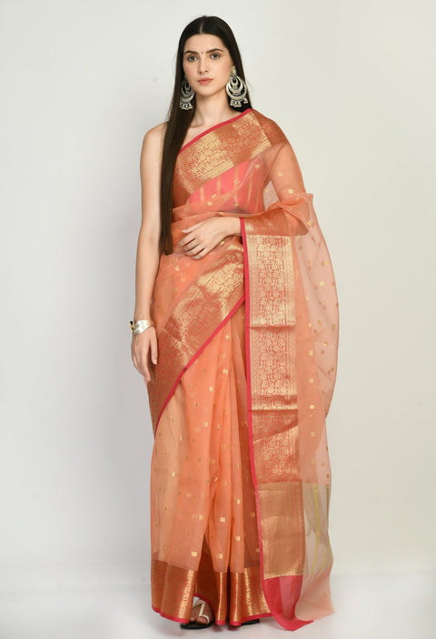 Peach Kora Banarasi Saree with small Buttis all over - Swapna Creation