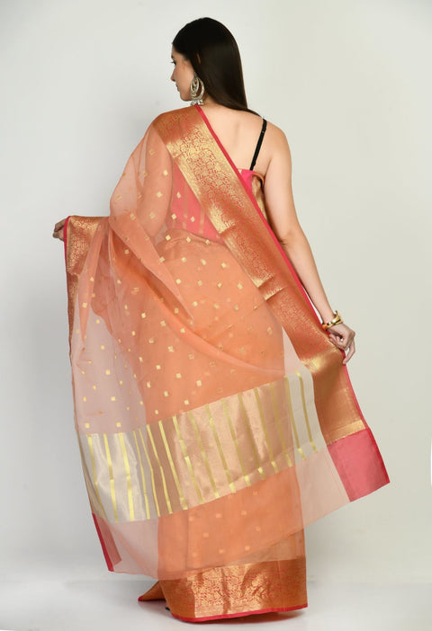 Peach Kora Banarasi Saree with small Buttis all over - Swapna Creation
