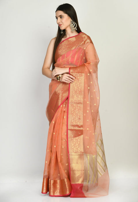 Peach Kora Banarasi Saree with small Buttis all over - Swapna Creation