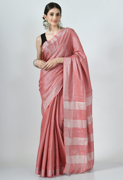 Peach Tissue linen Saree With Silver Zari Border - Swapna Creation