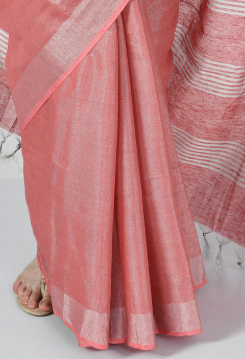 Peach Tissue linen Saree With Silver Zari Border - Swapna Creation