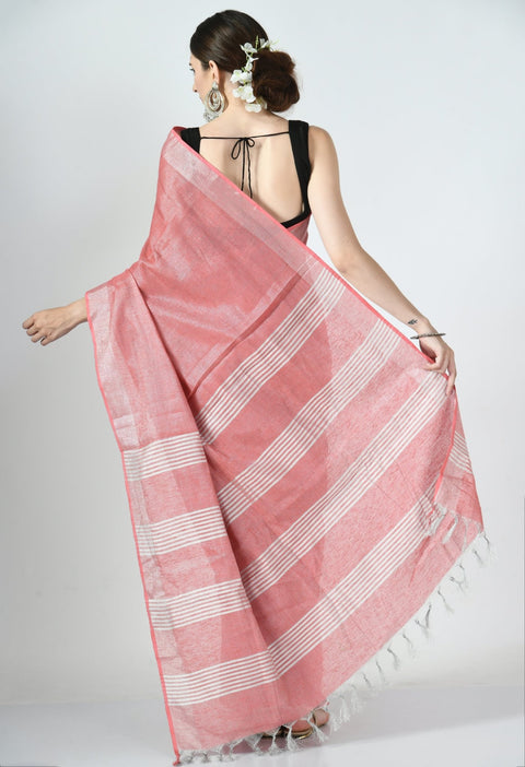 Peach Tissue linen Saree With Silver Zari Border - Swapna Creation