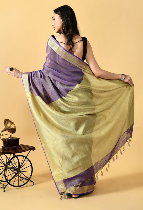 Purple Tissue linen Saree With Golden Zari Border - Swapna Creation