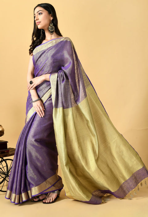 Purple Tissue linen Saree With Golden Zari Border - Swapna Creation