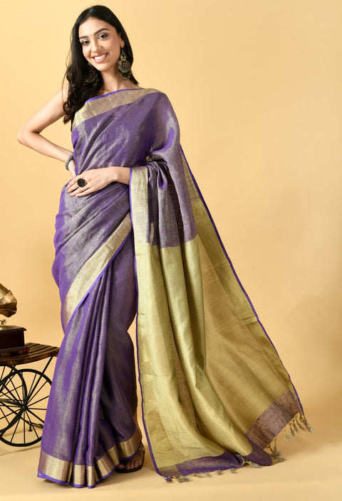 Purple Tissue linen Saree With Golden Zari Border - Swapna Creation