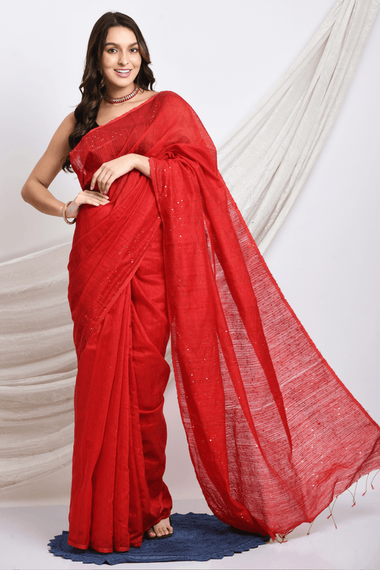 Red Matka Silk Saree with Sequins work - Swapna Creation